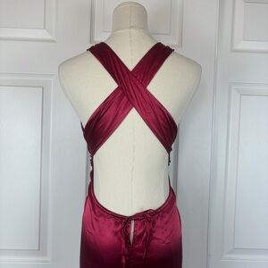GLNEGE Satin Burgundy Cross-Back Slip prom maxi Dress